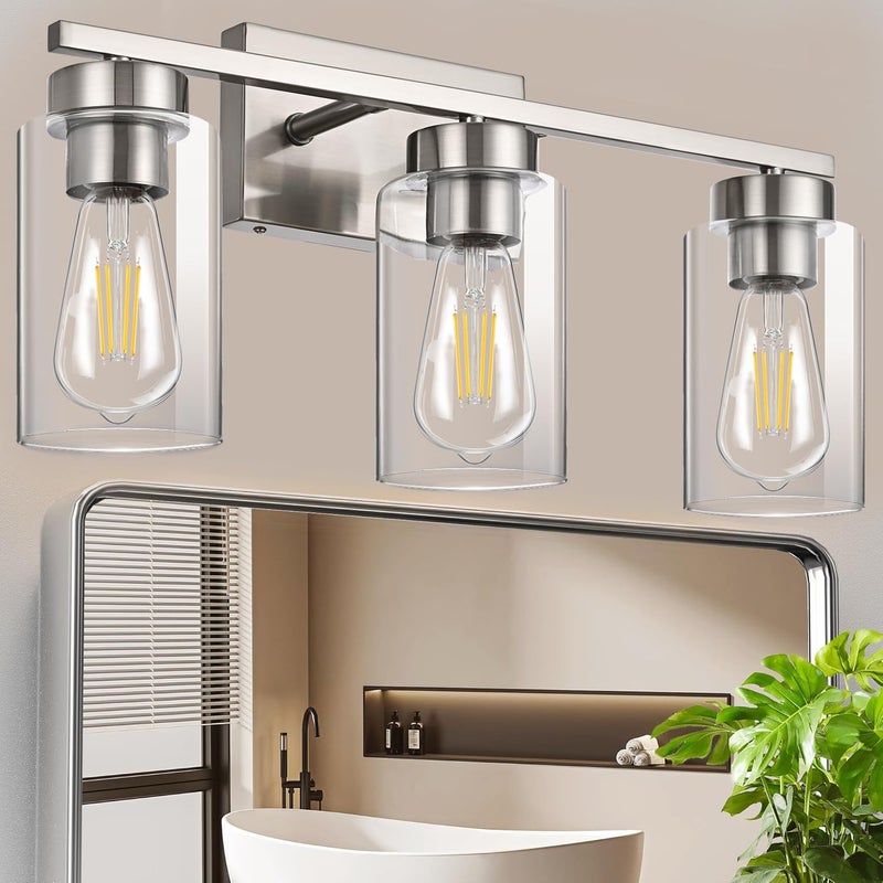 A1A9 3-Light Bathroom Vanity Light, Modern Brushed Nickel Wall Lights with Clear Glass Shades, Bathroom Wall Sconce Lamp for Mirror Living Room Bedroom Hallway - Image 4